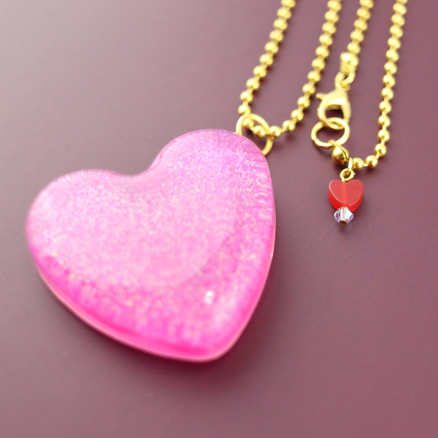 OG Heart Glitter Necklace – Pink Sparkle with Gold Hardware NGH-1002
