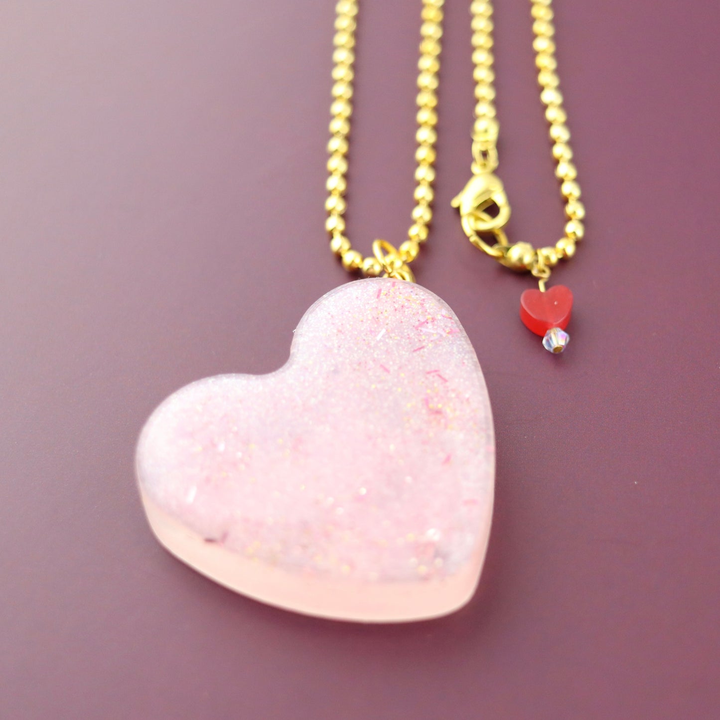 OG Heart Glitter Necklace – Pink Sparkles with Gold Hardware NGH1003