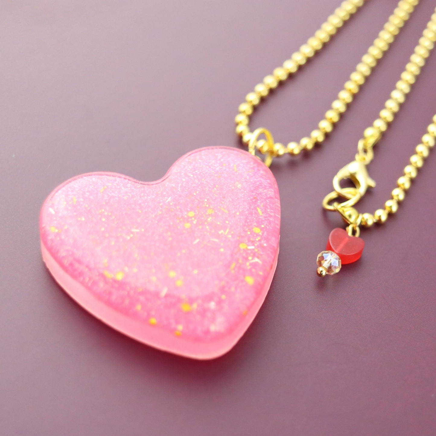 OG Heart Glitter Necklace – Pink Sparkle with Gold Hardware NGH-1007