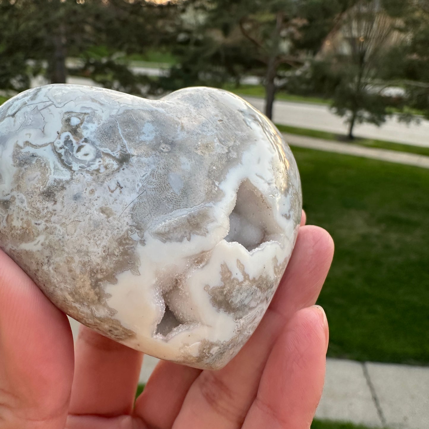 White Ocean Jasper Heart with Druzy